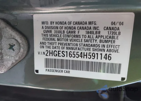 2004 Honda Civic Lx из США, поврежденный, VIN 2HGES16554H591146